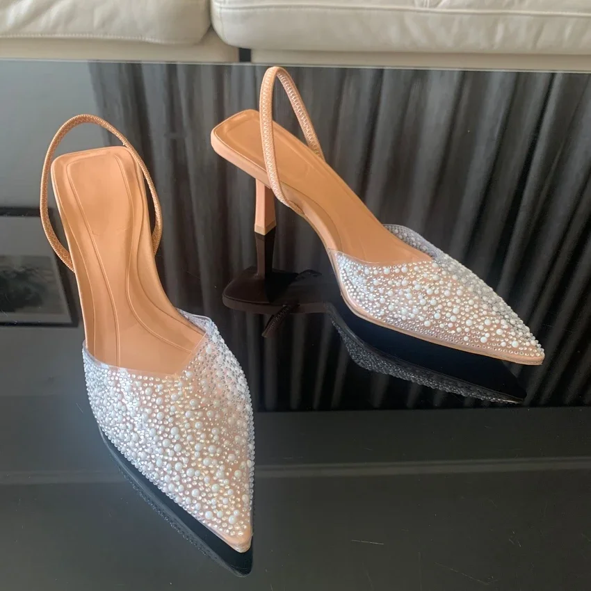 Escarpins pointus à talons hauts pour femmes, décoration perlée, slingback, sandales élégantes, mode d'été, 2024