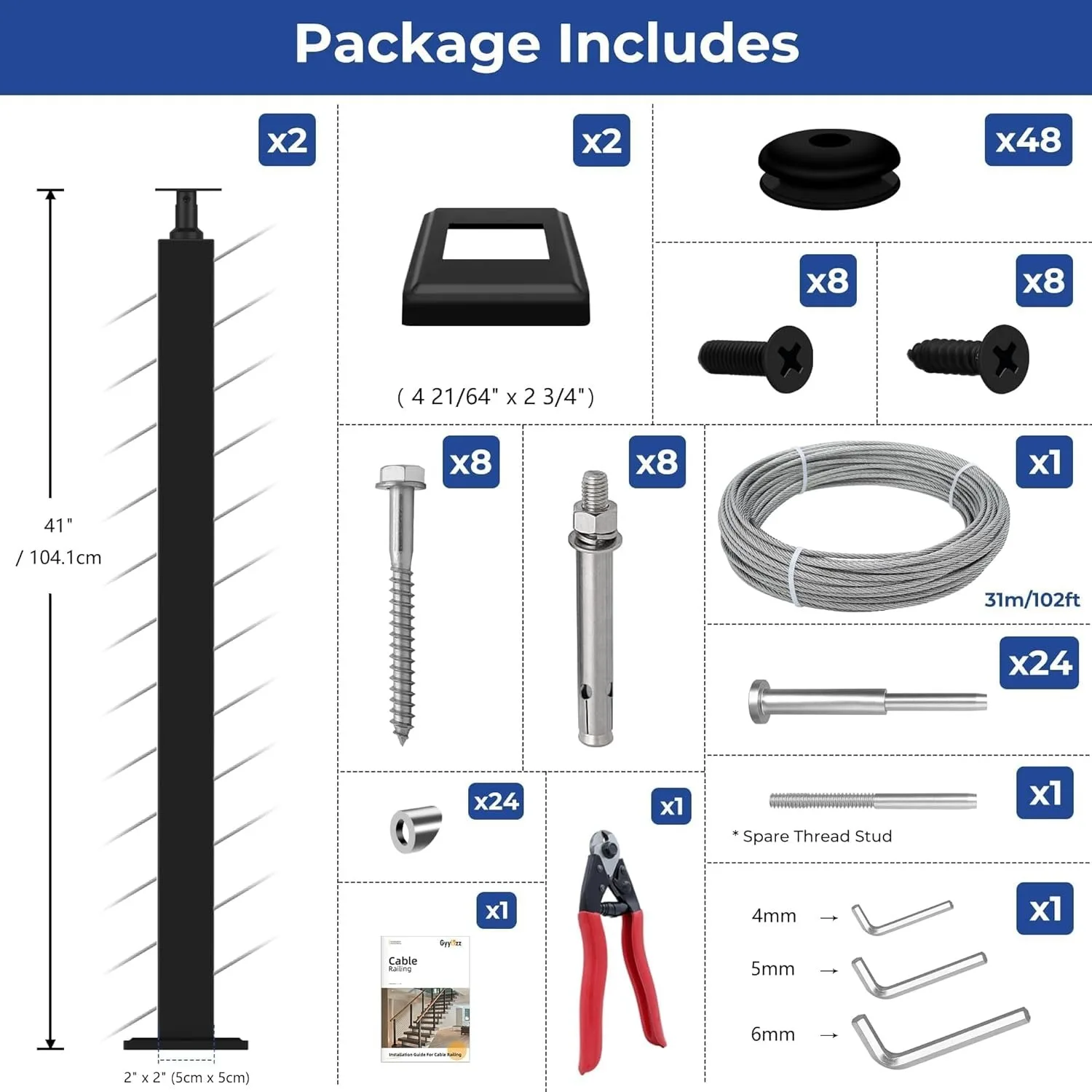 42" One-Stop Stair Cable Railing Posts Kit, 33° Drilled 2Pack Stair Posts, 101ft Cable, 12 Sets Terminal, 48 Cable Grommets