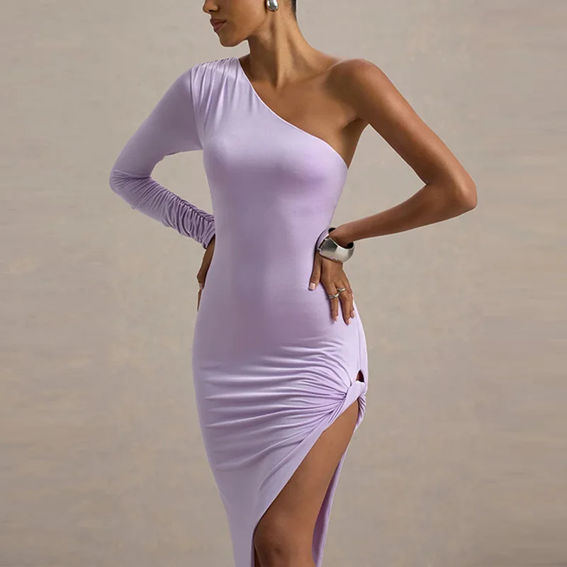 뉴 레이디스 하이 스플릿 플리트 칵테일 웨딩 파티 원피스 하이 엔드 섹시 타이트 원 숄더 새틴 댄스 파티 원피스 신부 들러리 옷