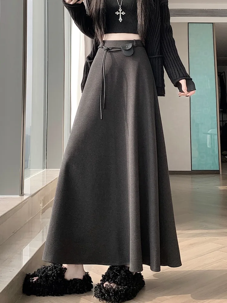 Thiened بدلة صوفية تنورة المرأة الخريف الشتاء تصميم تحسس حبل مربوط ثنيات عالية الخصر ضئيلة ألف خط مظلة تنورة