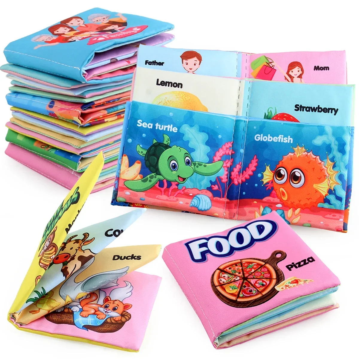 Livros de pano para bebês, iluminação, brinquedos educativos infantis, frutas, números de animais, livro cognitivo de comida para crianças de 0 a 72 meses