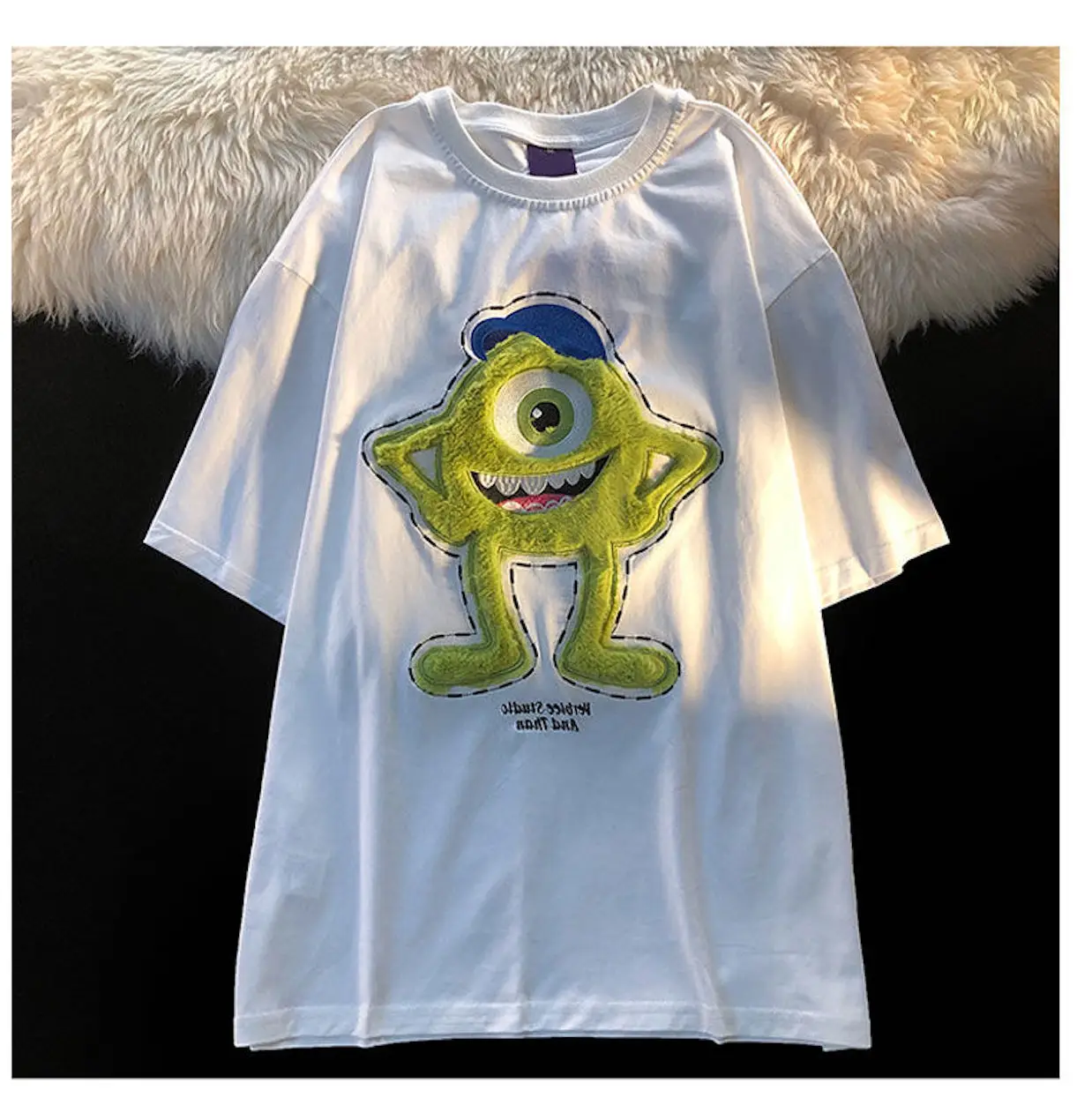 

Cute Fancy Fuzzy Embroidery Monster Mike T shirt Cartoon Summer Top Ladies T Shirt Graphic Female Tee T-Shirt Womens Clothing