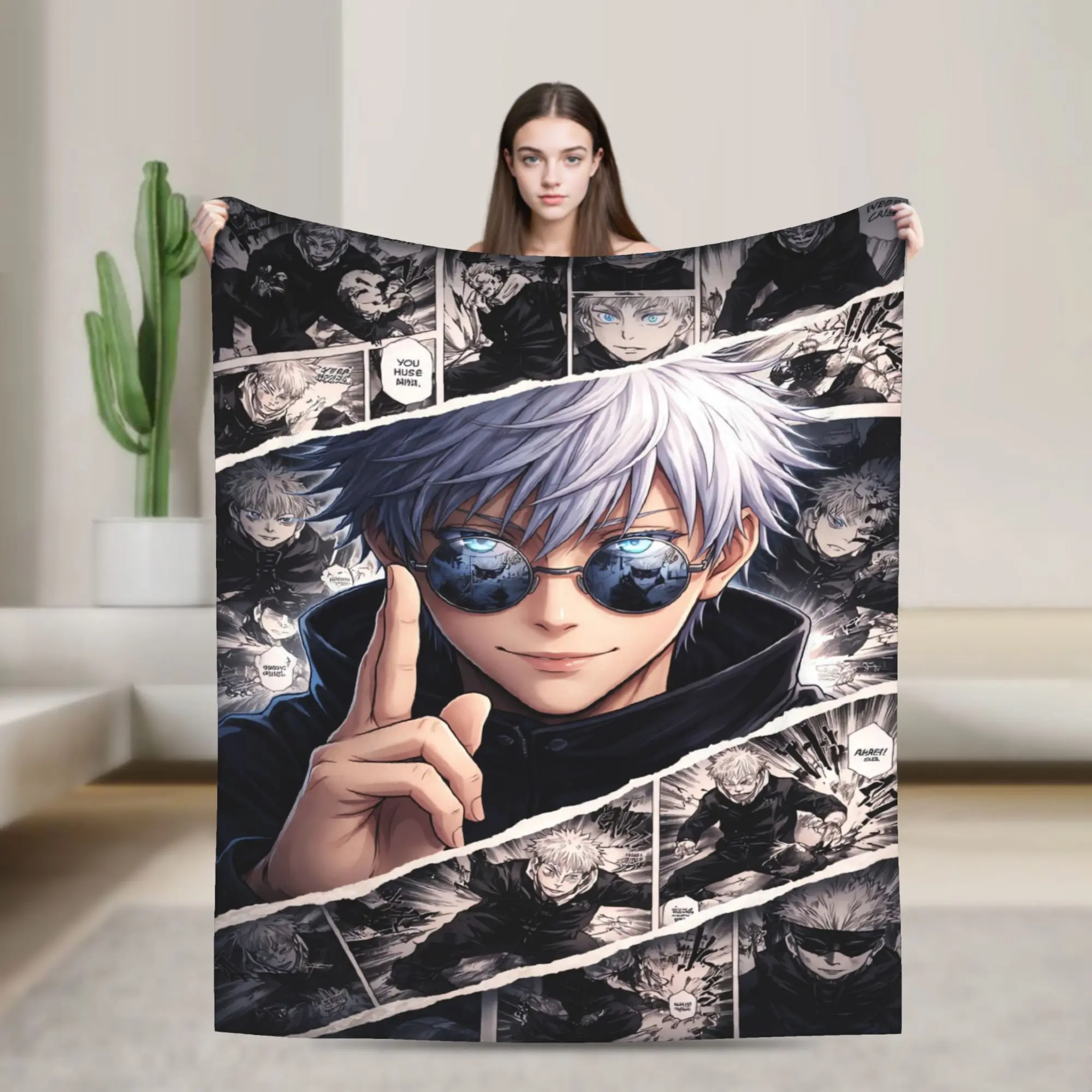 Edgy Satoru Gojo Monochrome Art Plush Blanket Child  Flannel Throw Blanket For Couch Bed Super Soft Custom DIY Quality Bedspread