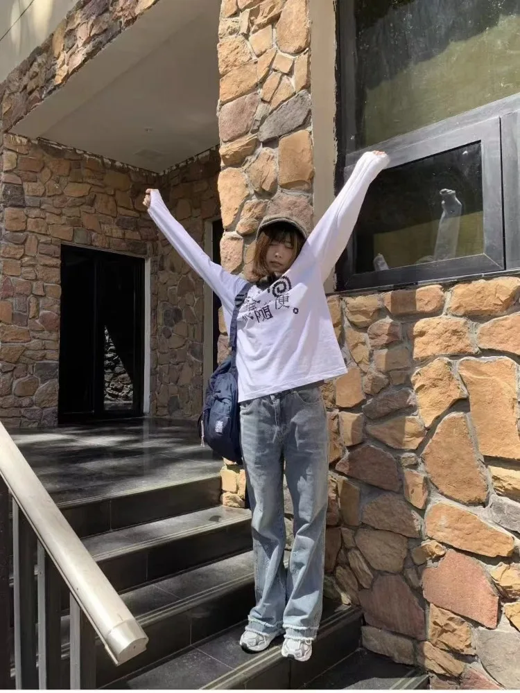 2025 primavera otoño camiseta de manga larga para mujer tendencia de moda todo-fósforo parte baja suelta Tops Y2k Harajuku Casual ropa de calle Te