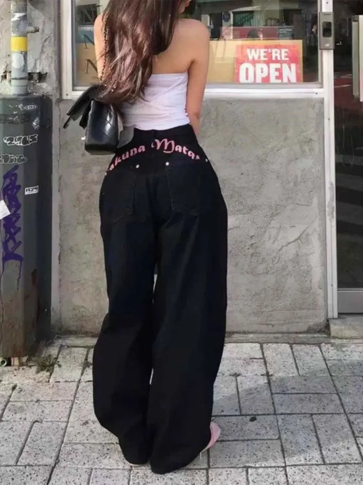 Jeans retrò a gamba larga a vita alta da donna, pantaloni estivi in denim con scritte ricamate e coltello drappeggiato, vestibilità dritta