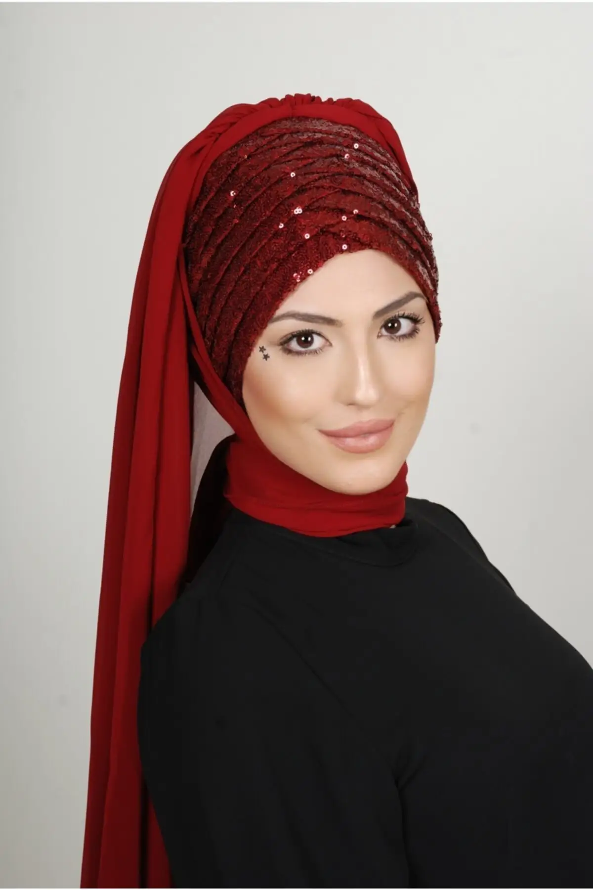 Instant Hijab Front Sequined Shirred Bridal Burgundy Color