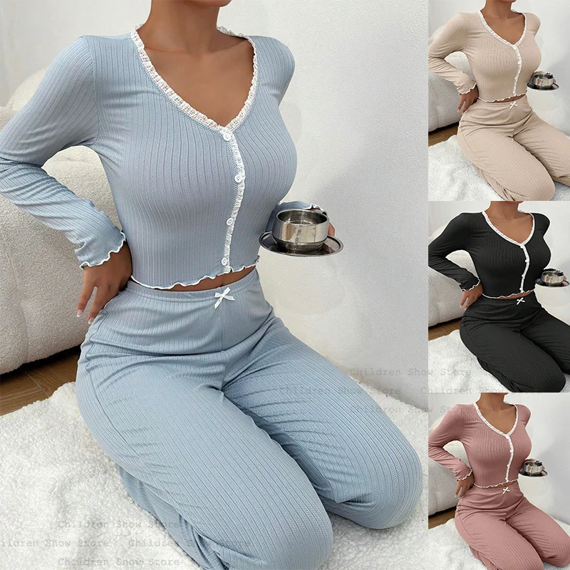 

Long Sleeve Pajamas Set Women Slim Top&pants 2Pcs Nightwear Sexy Lace Trim Loungewear Elastic Waist Trousers Suit Sleepwear