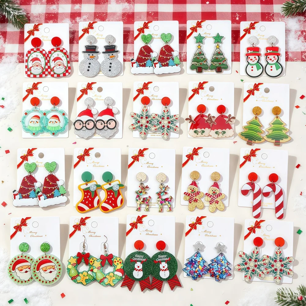 9/18Pairs/Lot Fashion Cute Christmas Glitter Acrylic Dangle Earrings For Women Charm Mix Style Jewelry Holiday Gathering Gifts