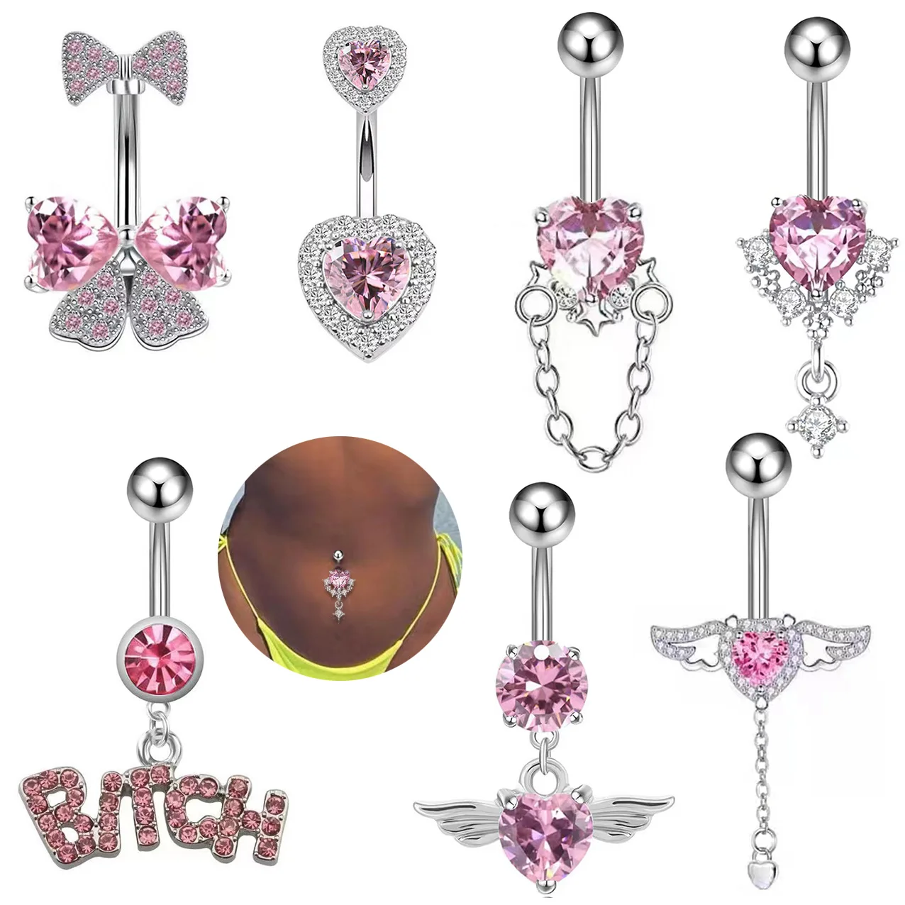 Piercing all'Ombelico a Forma di Cuore con Zircone Rosa, Accessorio Y2K Unisex con Design a Fiocco