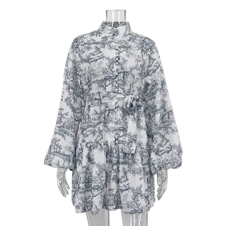 New Women's Fashion Vintage Printed Lace-Up Shirt Mini Dress Spring Ruffled Pleated Long Sleeve High Street Ladies Short Dresses