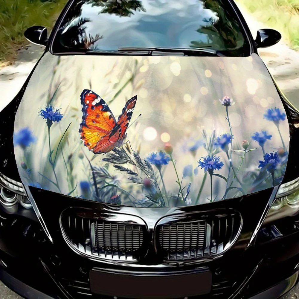 

Easy-to-install Car hood stickers with Butterfly among Blue Flowers pattern - car vinyl wraps, bubble-free design, Waterproof, e
