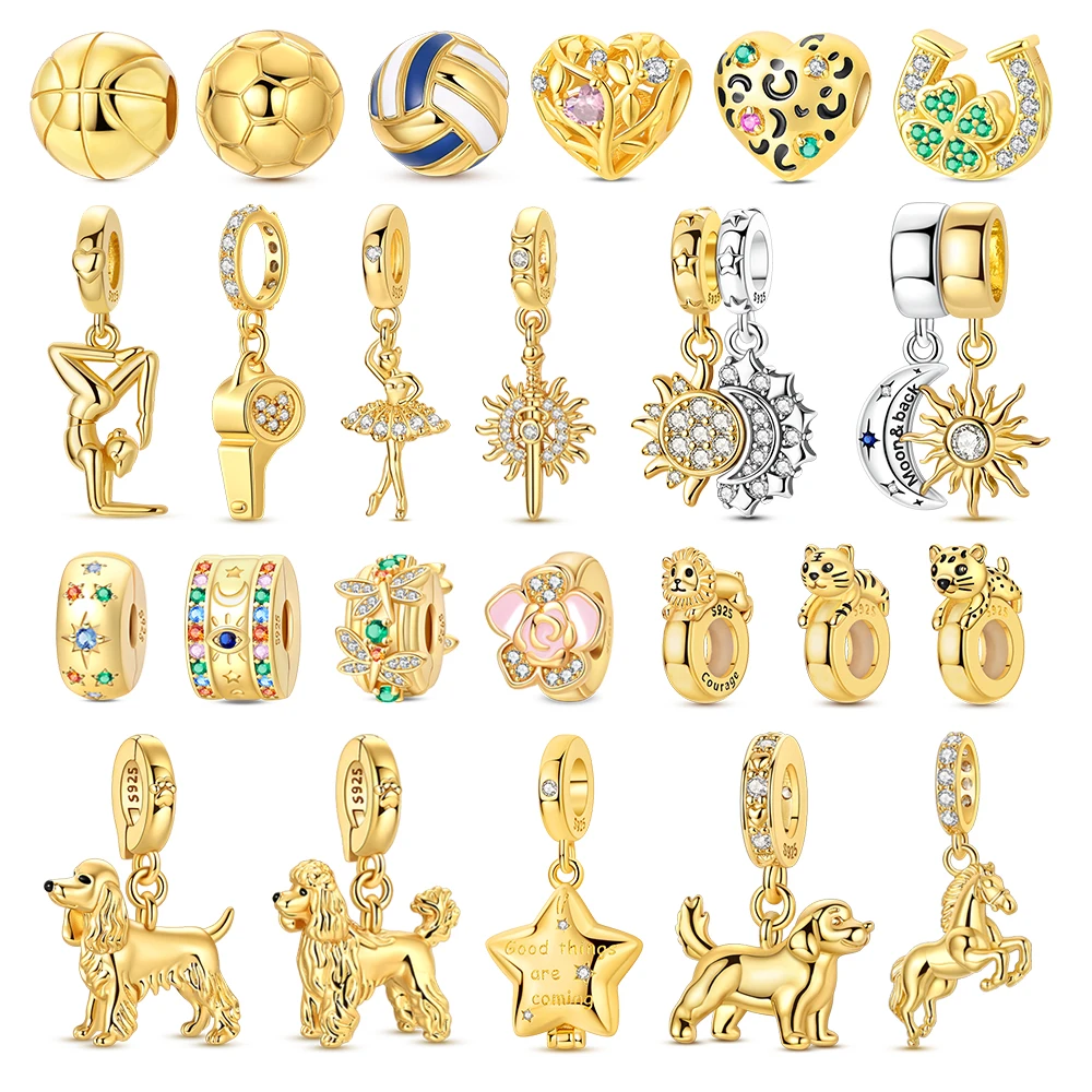 

Gold Series 925 Sterling Silver Puppy Tiger Horseshoe Yoga Ballet Star Moon Whistle Charm Fit DIY Bracelet Necklace Cute Gifts
