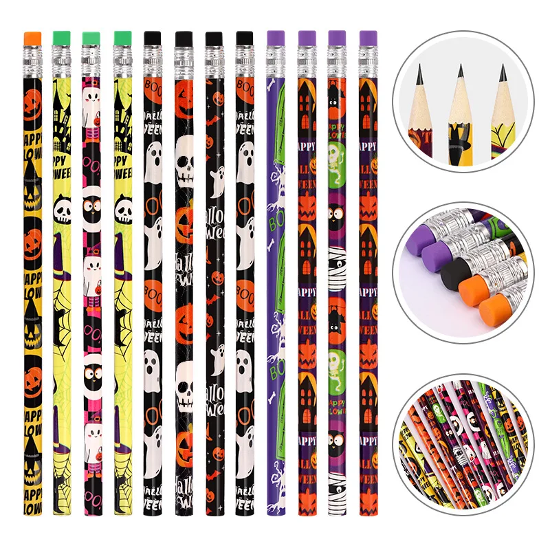 

12Pcs Halloween Cartoon Pencils Eraser Series Themed Skeleton Spider Wooden Pencils Party Supplies Kids Birthday Festival Gift