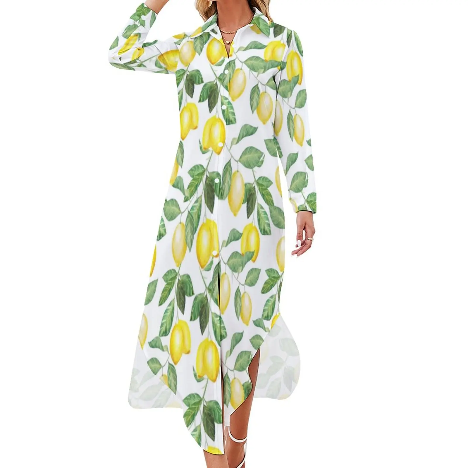 Summer Fruit Casual Dress Modern Lemon Leaf Print Street Fashion Dresses Long Sleeve Elegant Chiffon Dress Women V Neck Clothing