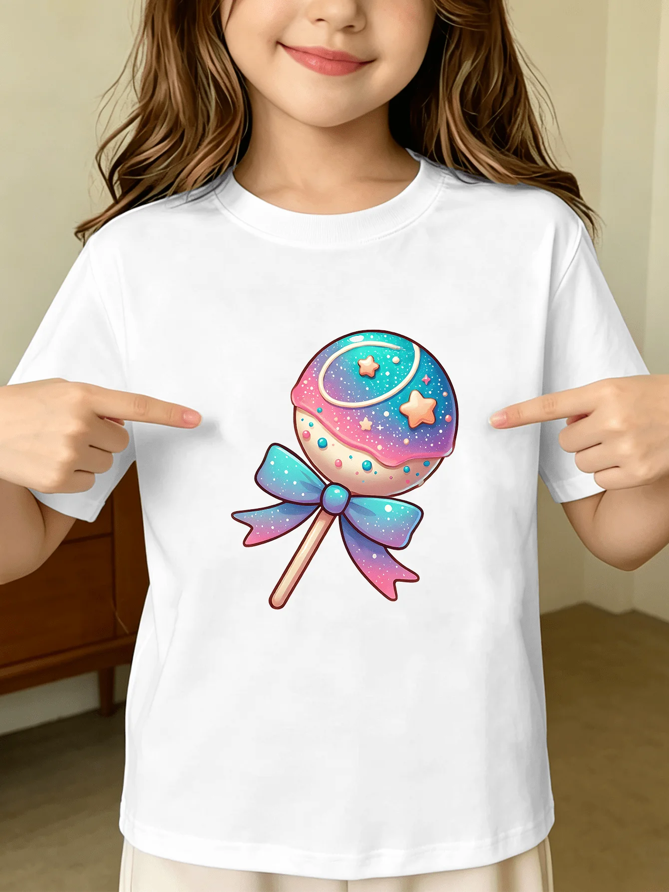 Family Matching T Shirts Kawaii Colorful Starry Lollipop With Bow Print Short Sleeve Soft Cotton Boys Girls Children Casual Tees