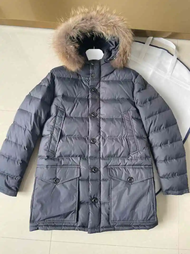 

Men's winter medium length down jacket 100% Raccoon Fur 95% white goose down Hooded coat New in 2024 thickening