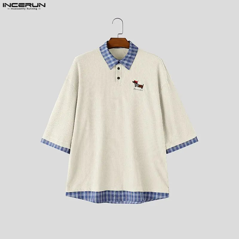 

INCERUN Men's Shirt Plaid Patchwork Lapel Half Sleeve Casual Men Clothes Summer Streetwear Loose Harajuku Stylish Tops Shirts