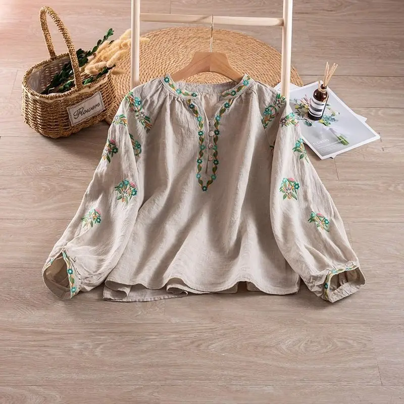 Summer Embroidery Frog Slanted Lapel Shirt Vintage Long Sleeved Casual Shirt Cotton and Linen Tops Loose Comfortable T-shirt