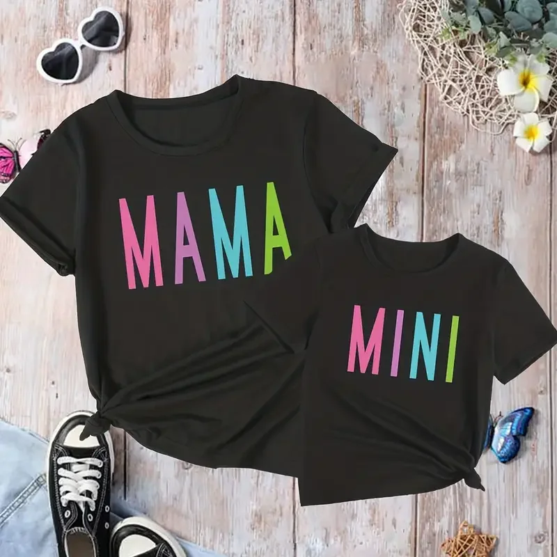 Mama and Mini Matching T-Shirt Set for Family Activities Travel and Parties Short Sleeve Tee Tops MAMA MINI Print Casual Clothes