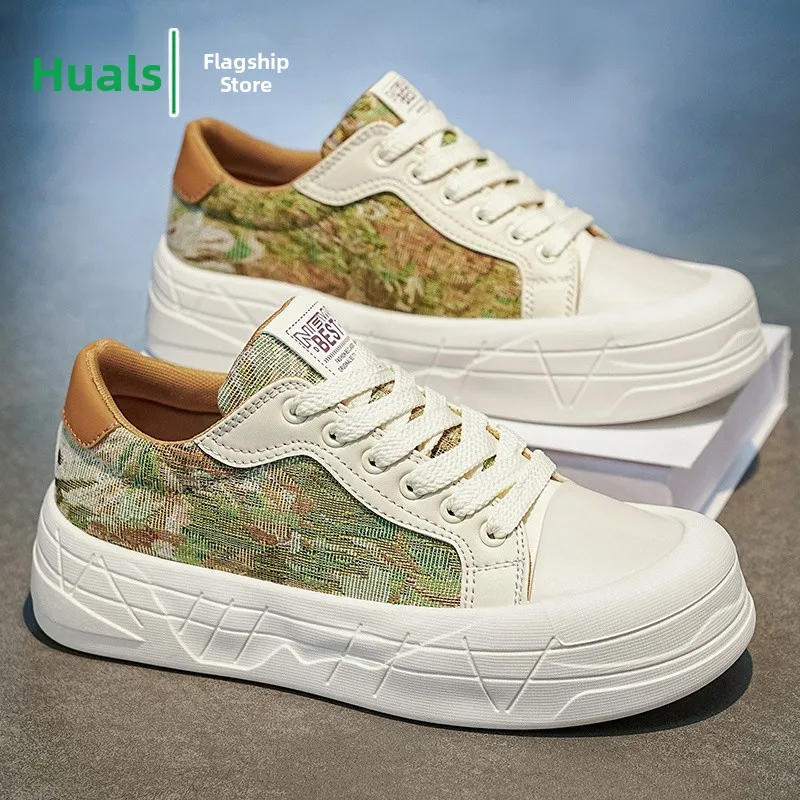 Men's Canvas Shoes Breathable Casual Sporty Low Top Glue-Welded Rubber Outsole round Toe Thick Bottom Heightening Sneakers