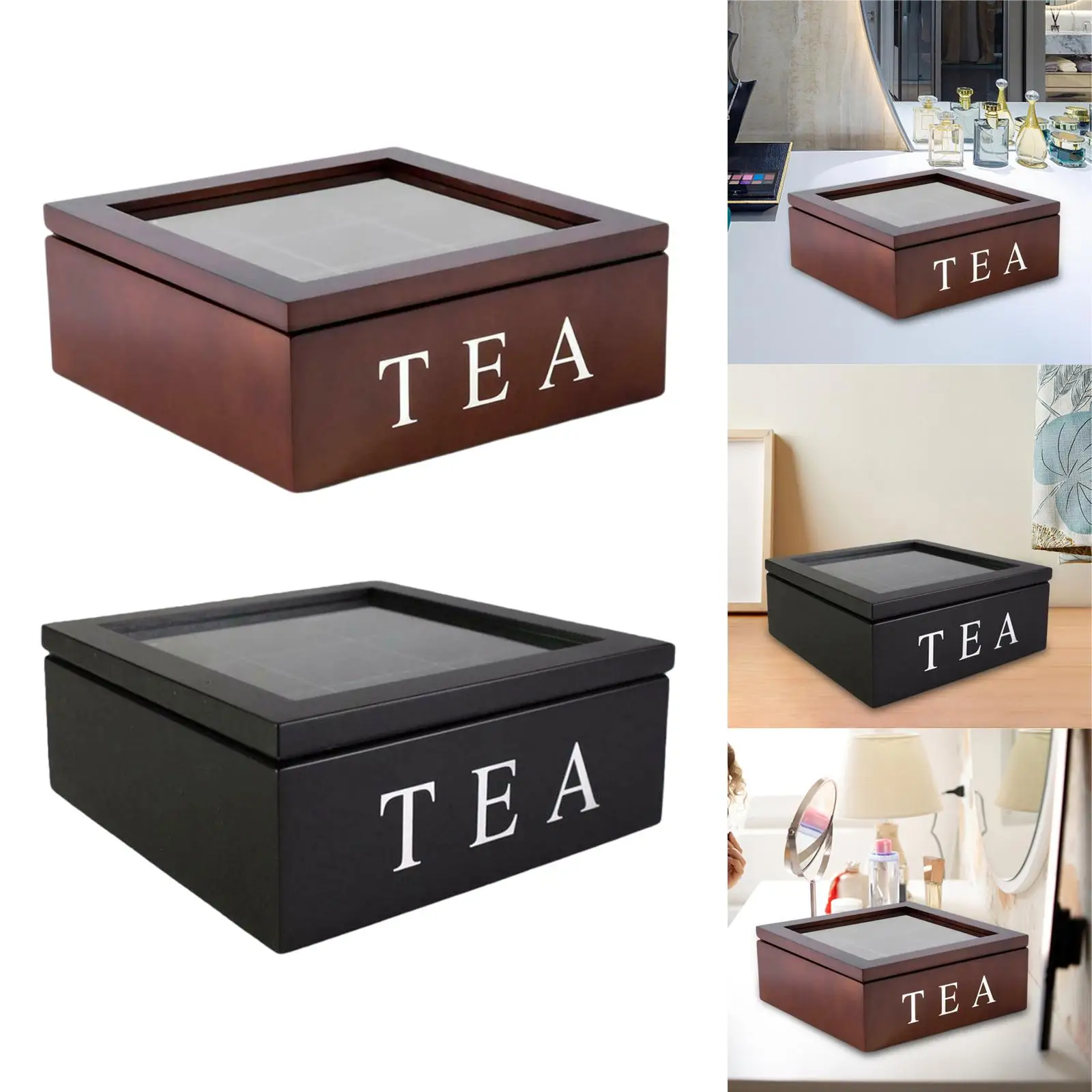 Wooden Tea Box with Viewing Window with Lid Home Tea Bag Box for Assorted Teas and Condiments Instant Coffee Packets Creamers