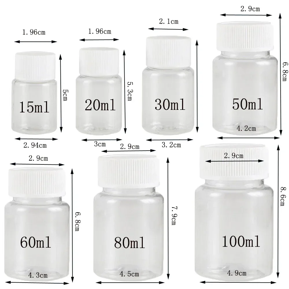 30 Uds 15/20/30/50/60/80/100ml botellas de plástico recargables para pastillas con tapas selladas Mini contenedores de almacenamiento para cápsulas de cuentas de líquido