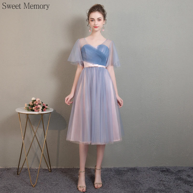 Reject Return M79 Wedding Party Dress Grey Blue Tulle Mesh Net And Pink Satin Knee-Length Bridesmaid Dresses