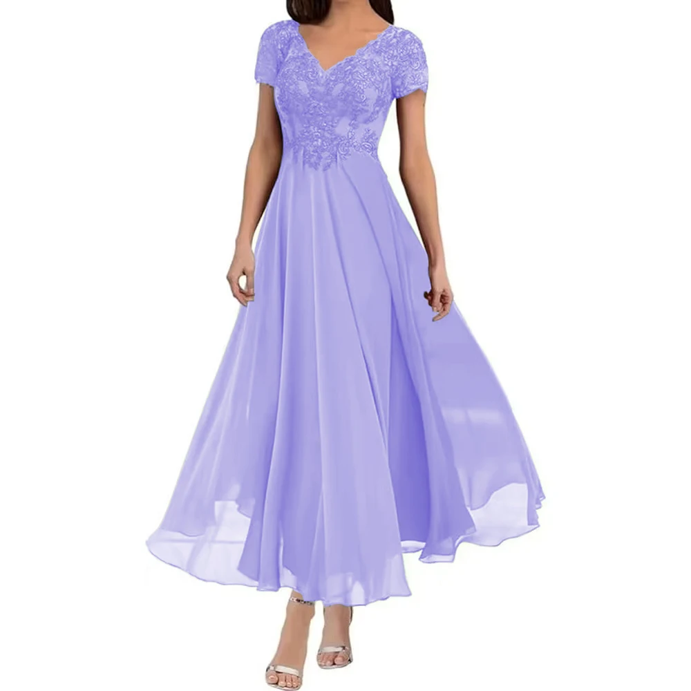 Customized Elegant V Neck Mother of The Bride Dresses Short Sleeves Formal Dress Chiffon Appliques Lace Evening Gown Lace Up