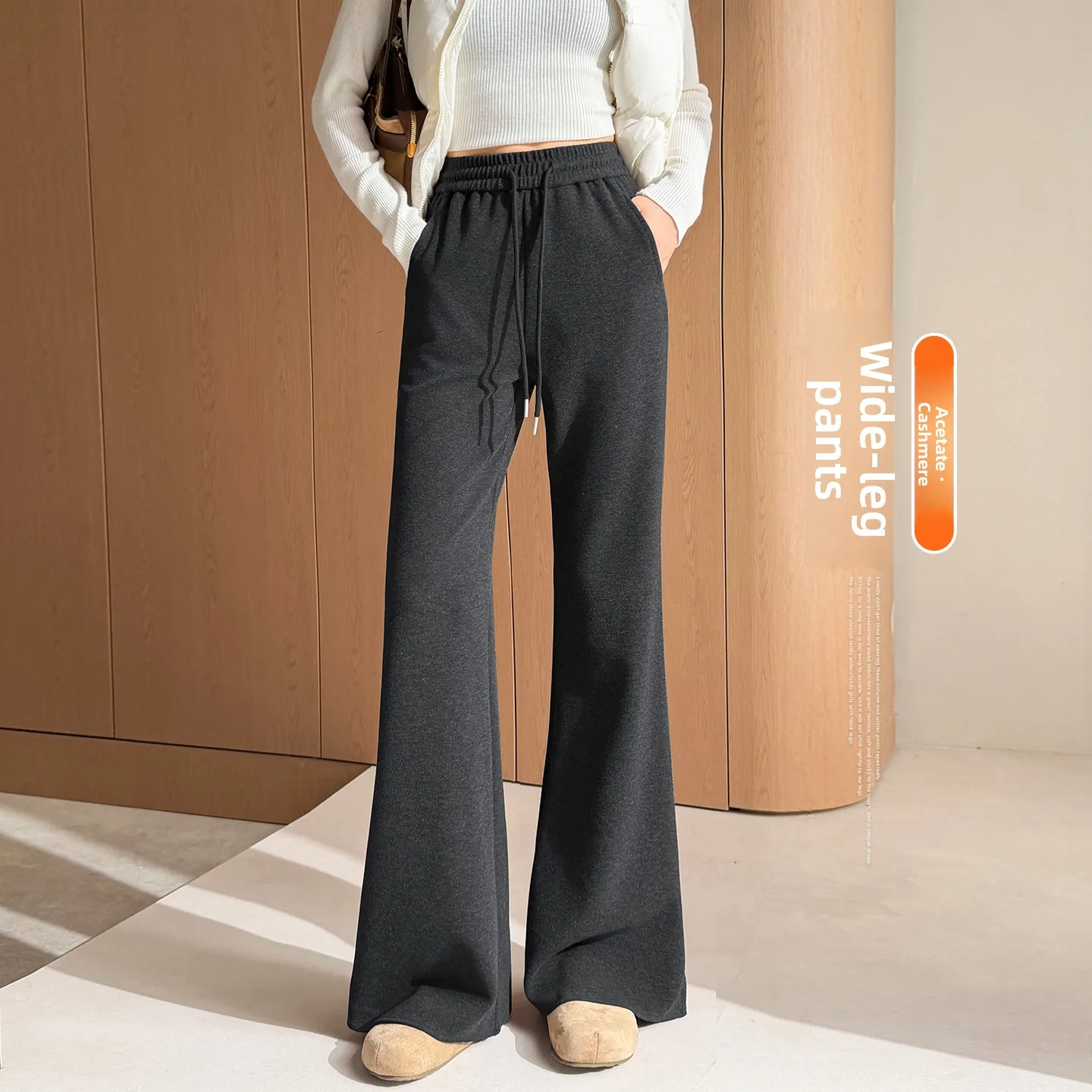 High Waist Fleece Lined Casual Wide Leg Pants Women's 2026 New Autumn Winter Slimming Drapey Non Fitting  Hoof Pants