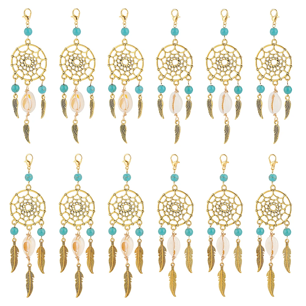 

5Pcs Alloy Turquoise Pendant Decorations with Alloy Lobster Claw Clasps Suncratcher with Feather Golden 95mm