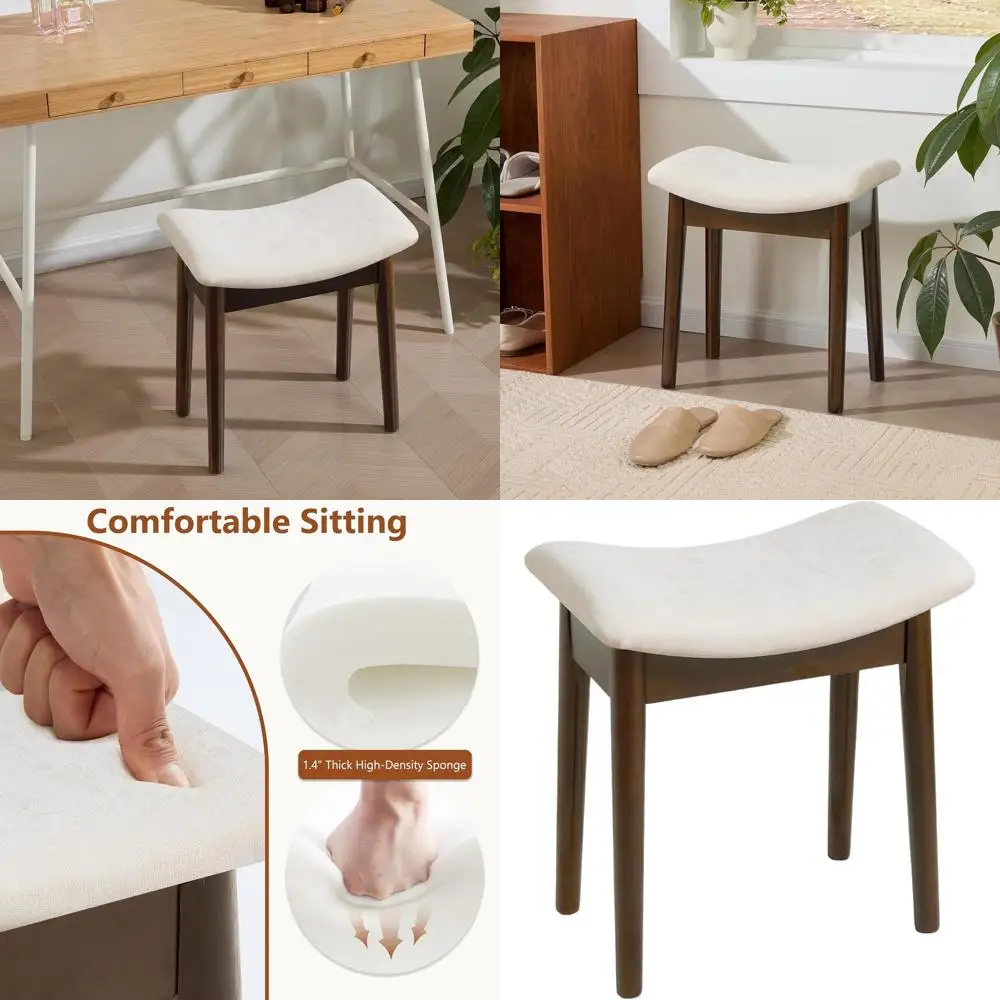 

White 18 Inch Upholstered Vanity Chair with Saddle Cushion for Living Room, Bedroom, and Piano Bench