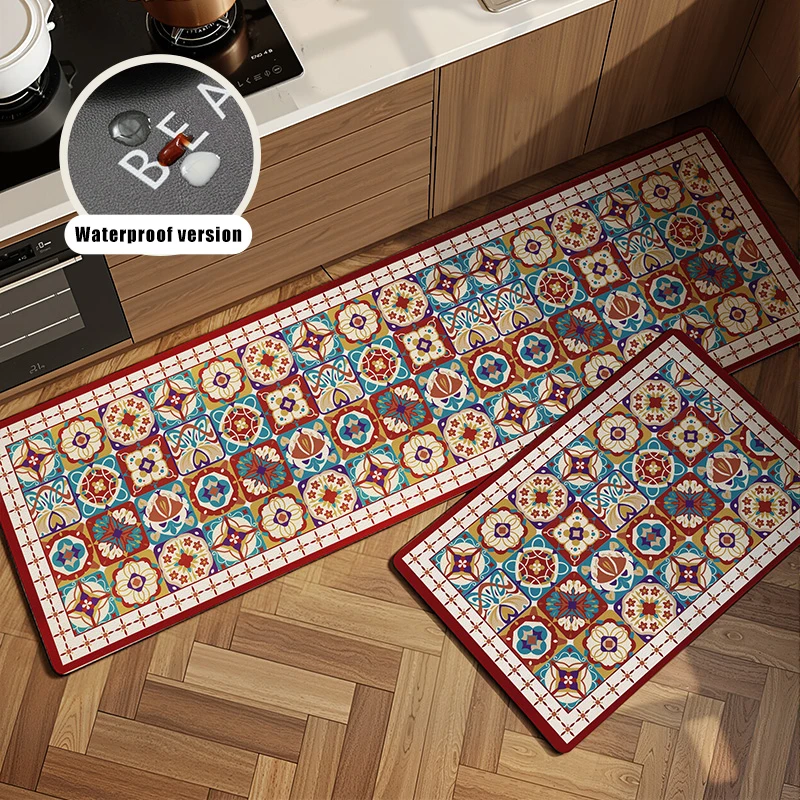 

Кухонный напольный коврик Виниловый ковер с ретро-узором Водонепроницаемый Нескользящий длинный ковер Украшение дома ПВХ Кожа Маслостойкие коврики для ног 주방바닥매트