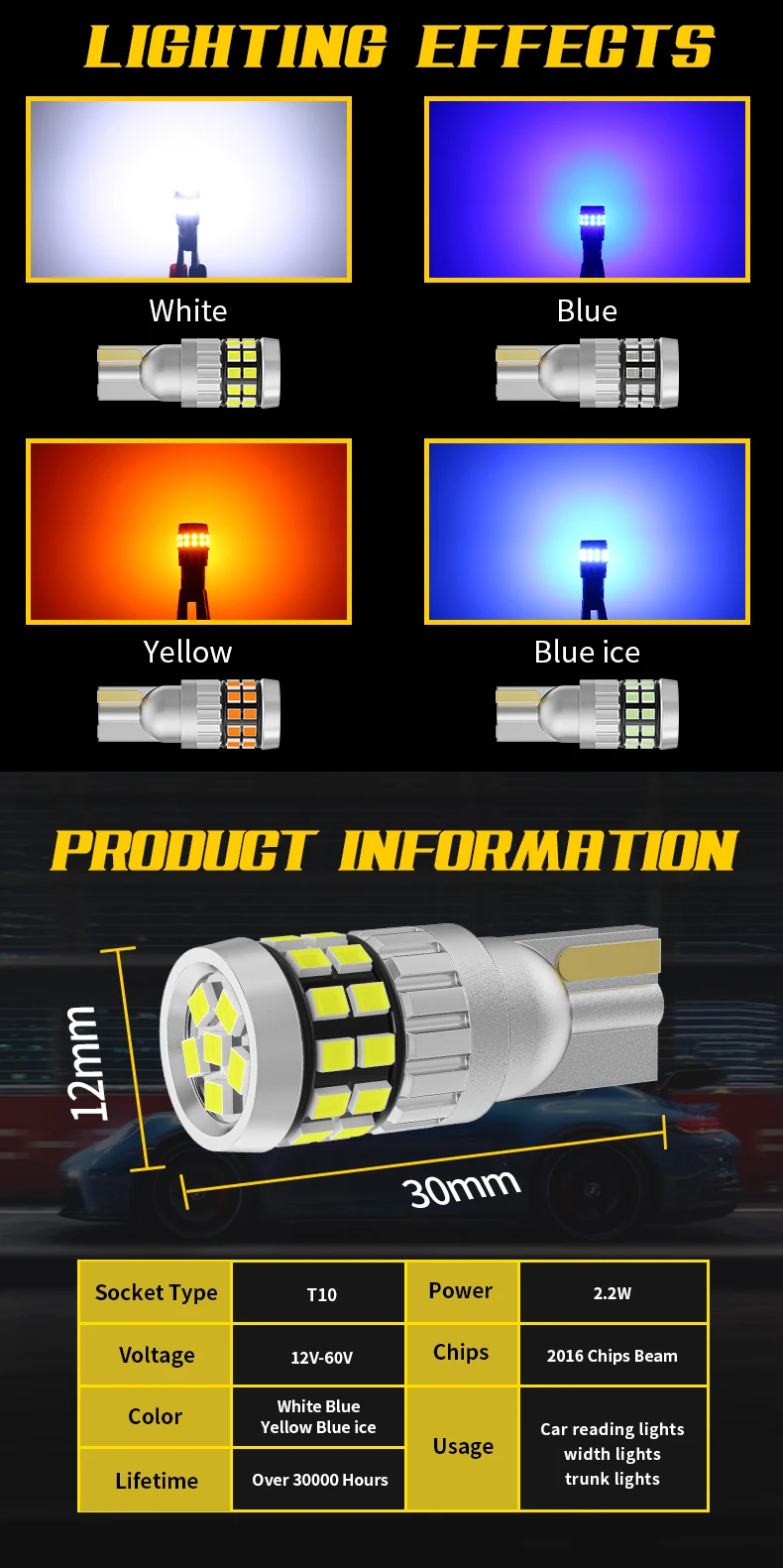 10pcs T10 LED W5W Bulbs 12V 24V For Car Truck Interior Lights Canbus No Error Super Bright 2016*30SMD License Plate Signal Lamps