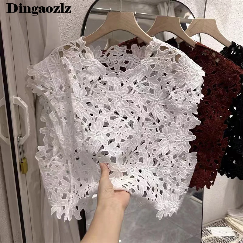 2024 Summer New Retro Lace Hook Flower Tops Sleeveless Hollow Out White Short Shirt Fashion Women Pullovers Crochet Blouse