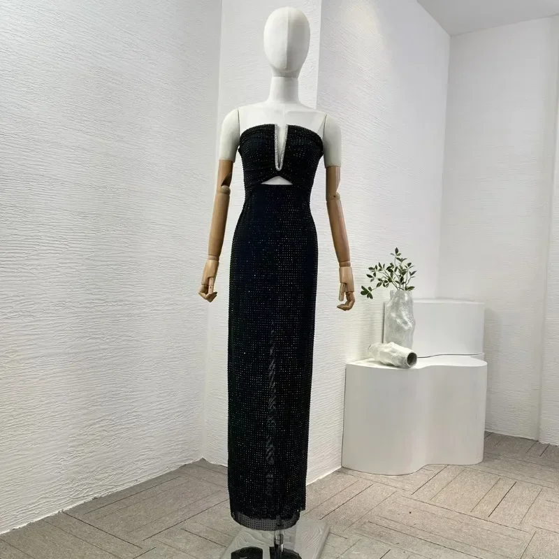 Women's Deep-V Tube Top Dress Sexy Clothes Black Club Collection Diamonds Pressed Sleeveless Slit Hem Maxi Dress New Arrivals