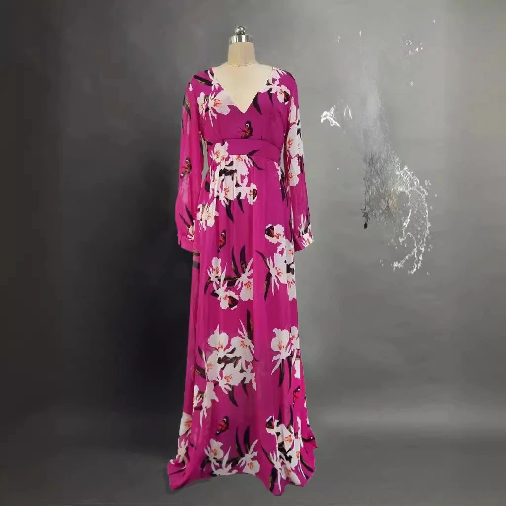 2025 Vestido de mujer estampado de verano con cuello en V, manga larga, falda completa, moda