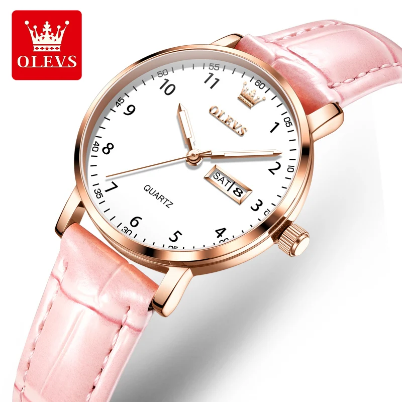 OLEVS 3752 Simple Fashion Quartz Watch for Student Waterproof Dual Calendar Leather Strap Women's Watch High Quality