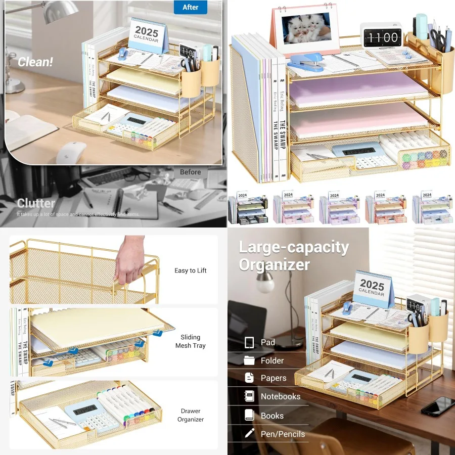 منظم ملفات سطح المكتب مكون من 4 طبقات مع درج وحاملين أقلام لتخزين اللوازم المكتبية ومنظم مساحة العمل باللون الذهبي مع M #1