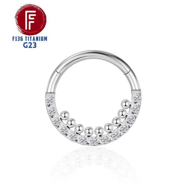 F136 Titanium Nose Piercing Hinged Bead Hoops CZ Stone Rings