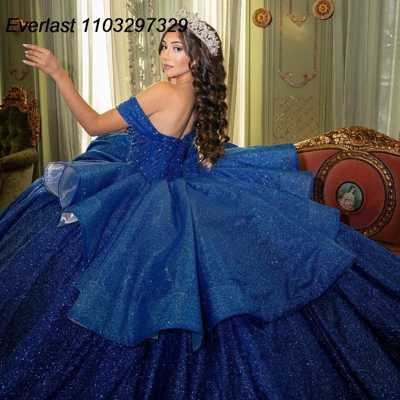 EVLAST Customized Navy Blue Quinceanera Dress Ball Gown Applique Beadded Crystal Tiered Sweet 16 Vestidos De 15 Anos TQD889