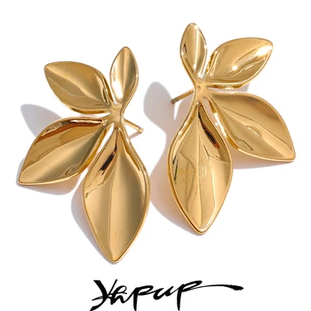 Yhpup-pendientes de tuerca con forma de flor y hojas de acero inoxidable, brillantes, antialérgicos, resistentes al agua, textura de encanto, joyería de calidad alta