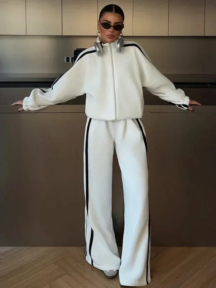 

Женский полосатый контрастный комплект из толстовки и брюк, повседневный воротник-стойка, молнии с длинными рукавами, спортивное пальто, широкие брюки, комплекты из 2 предметов