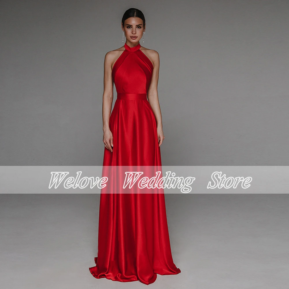 Elegant Backless Prom Dress Halter Sweep Train Simple Mono Evening Party Gown For Woman Sleeveless Vestido De Noche 2024 New