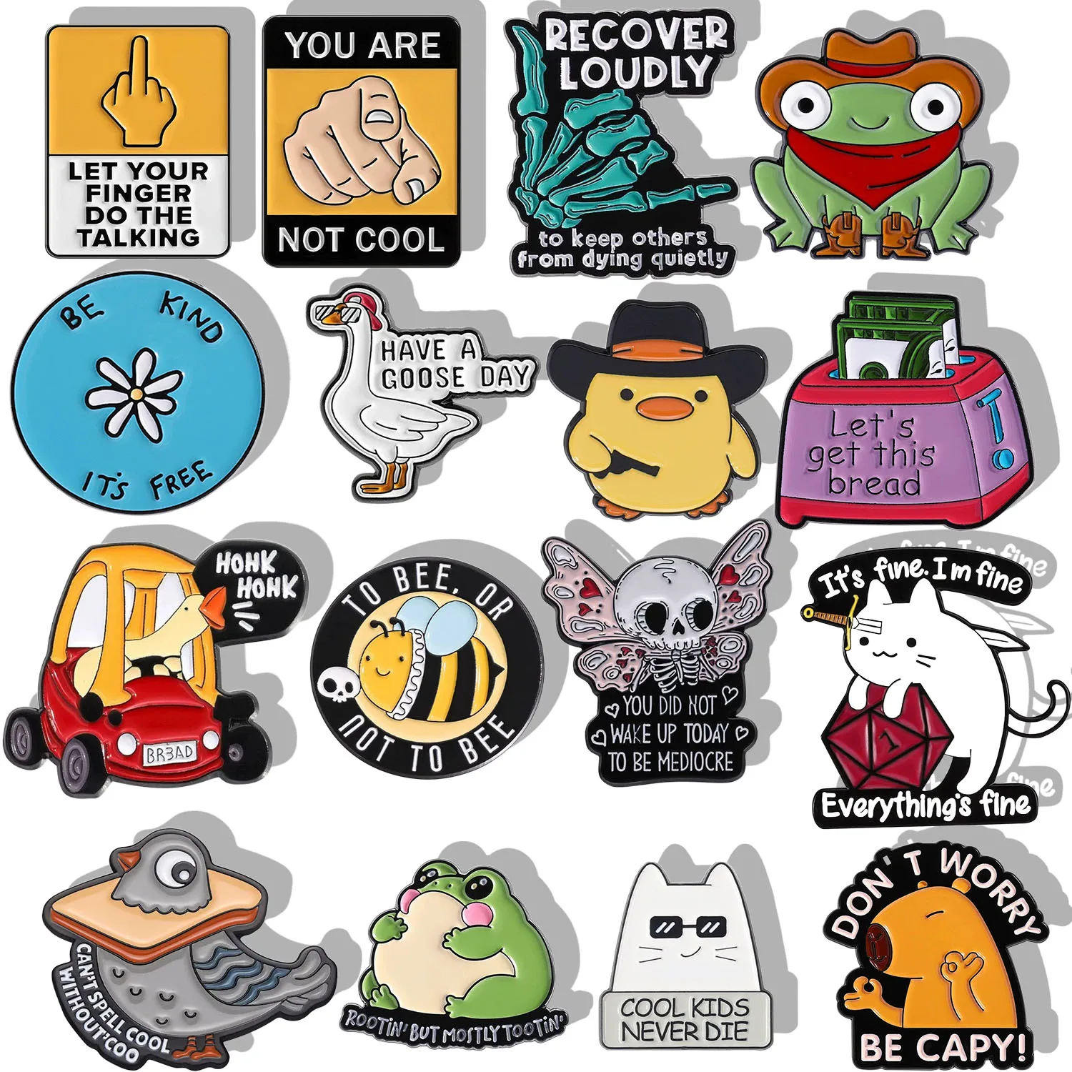 Fun cartoon creative brooch set with quirky animal characters, personalized brooches, trendy outfits, and small accessories