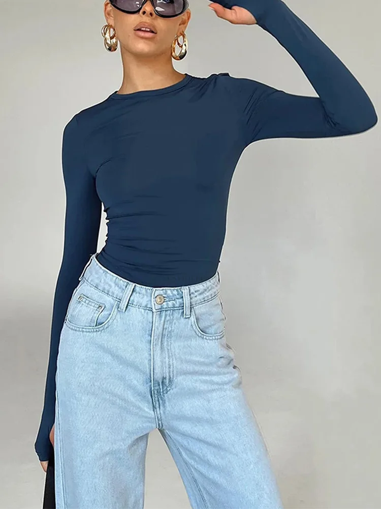 Fashion Women T-shirt Long Sleeve Crew Neck Solid Slim Fit Ladies Crop Top with Thumb Holes for Daily Streetwear Summer Camis image 6
