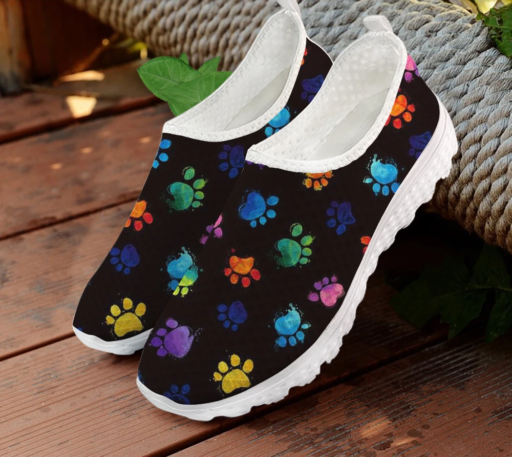 Mesh Ladies Loafers Women Casual Shoes Rainbow Color Dog Paw Pattern Print Summer 2025 Woman Flats Female Slip On Sneakers