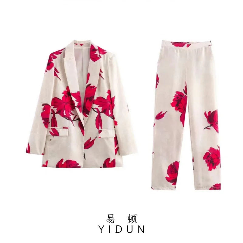 

European American Women's Fashion 2025 Hot-Selling Summer New Satin Printed Blazer and Pants Set