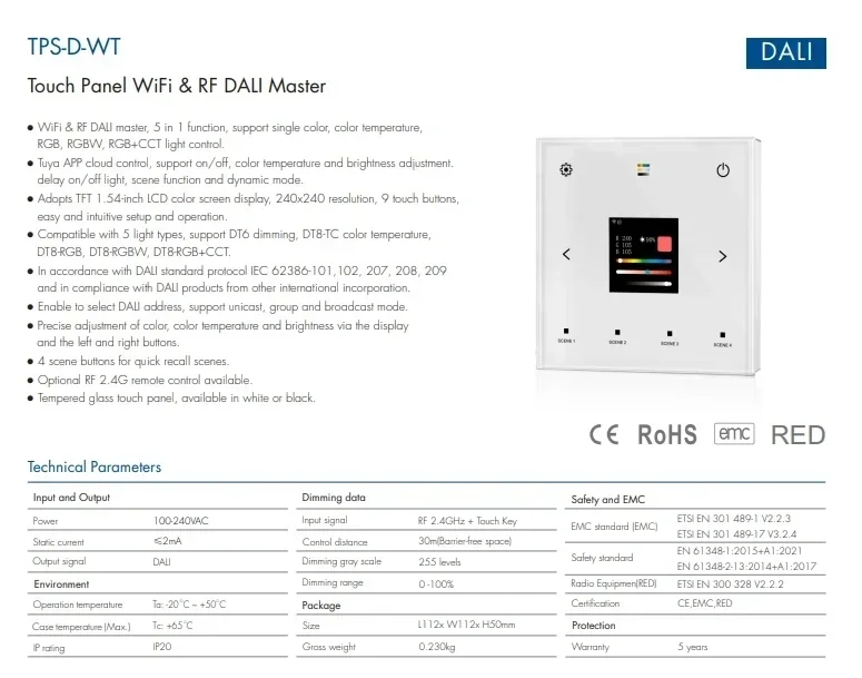 5 in1 DALI WiFi & RF Touch Panel a parete Tuya App Control AC100-240V TPS-D-WT per Single Color RGB + CCT CCT RGB RGBW LED Light