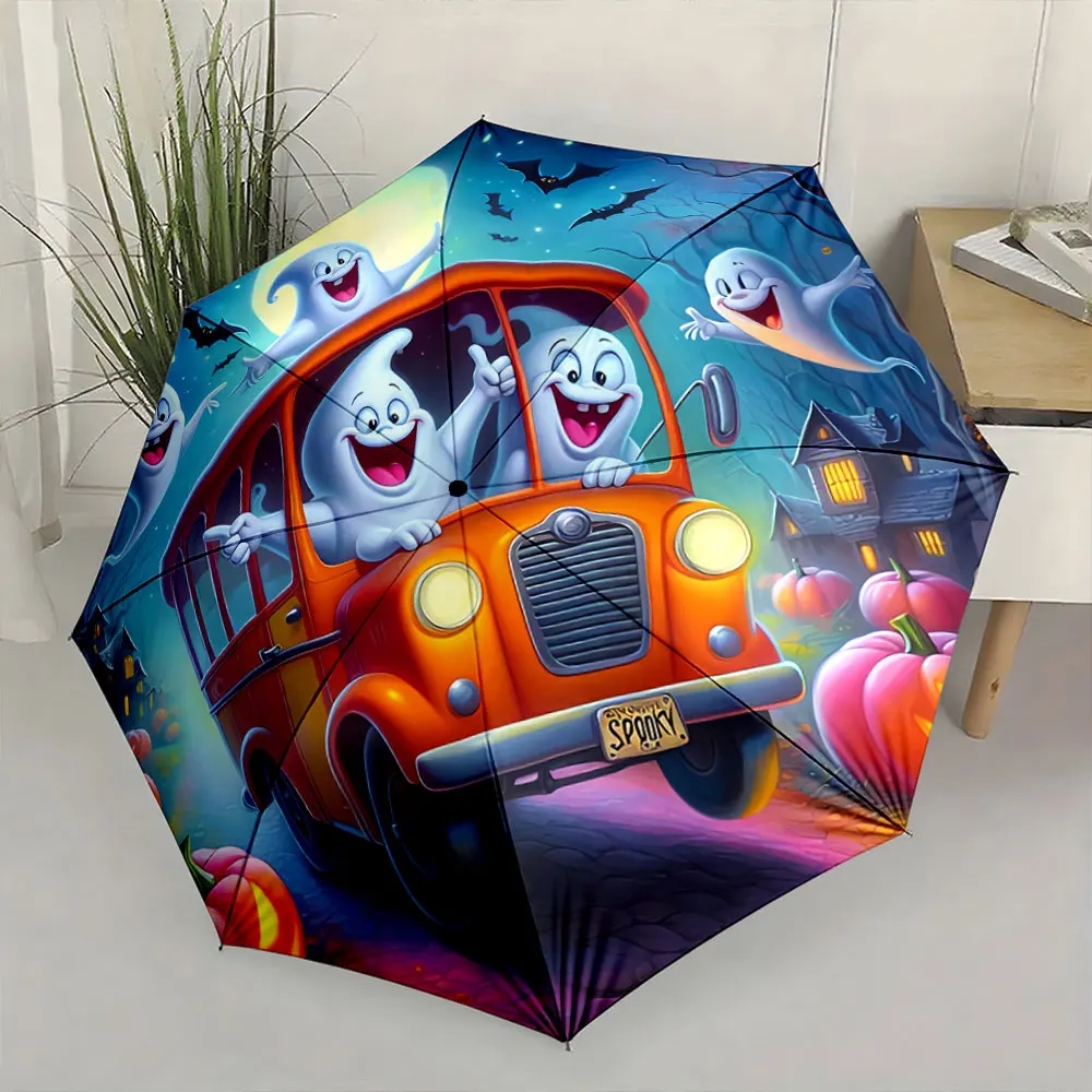 “Halloween Ghosts in Orange Bus with Pumpkins and Full Moon” Compact Fashion Folding Umbrella for Daily Use, Christmas Gift