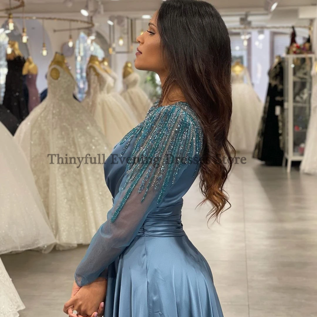 Thinyfull Sexy Prom Evening Dresses V-Neck Long Sleeves Party Dress Beadings Floor Length Saudi Arabia Cocktail Gowns Plus Size